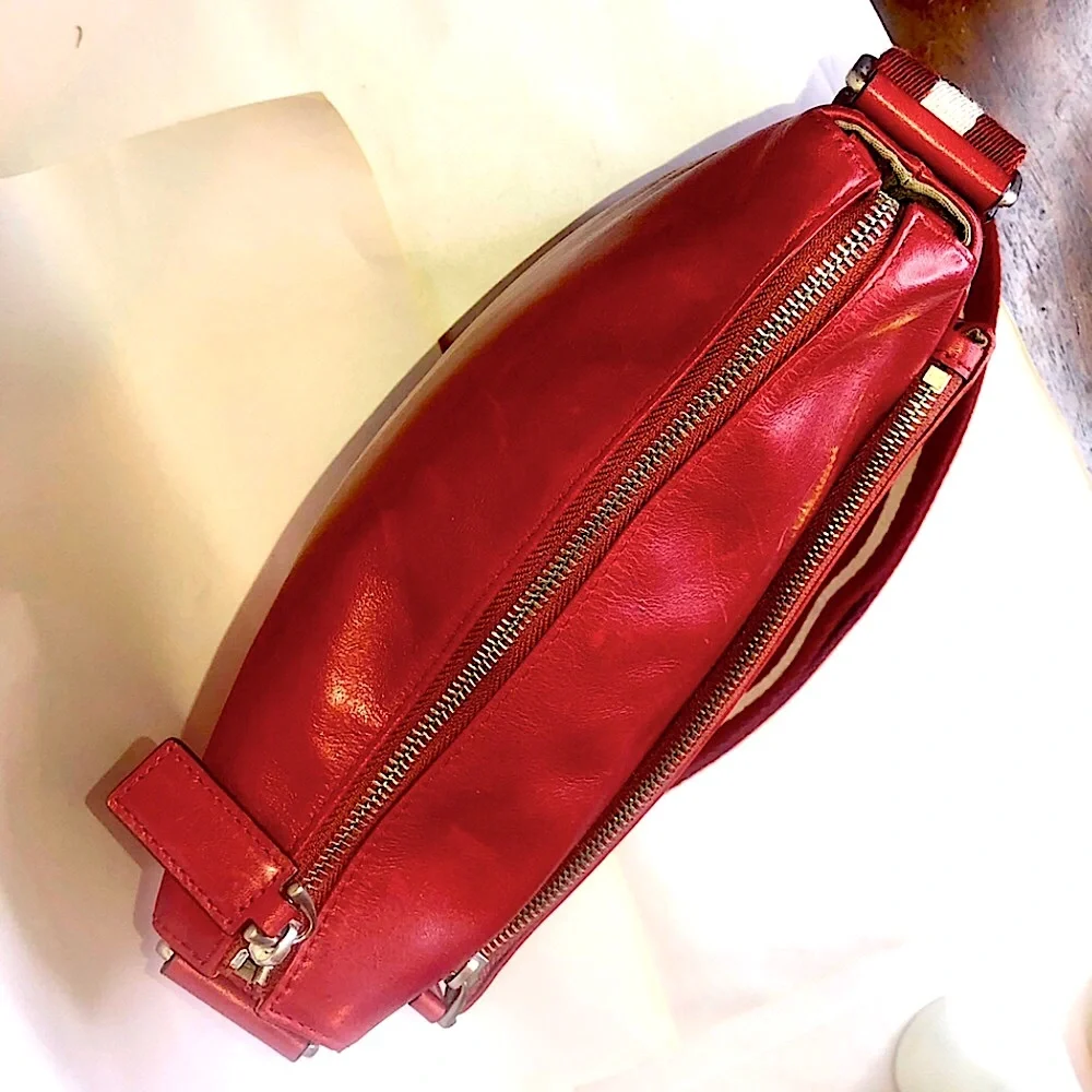 BALLY Red Leather Top Zip Messenger Shoulder Bag w/ Red White Striped Strap